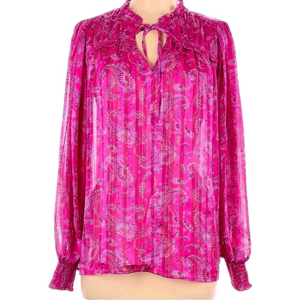 Maison d'Amelie Paris Lined Pink Floral & Metallic Peasant Blouse Sz M